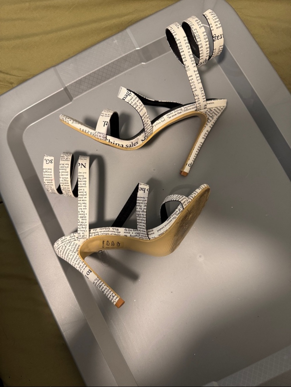 Shoe Republic LA Newspaper-Print Strappy Heels in White and Black - Picture 2 of 5